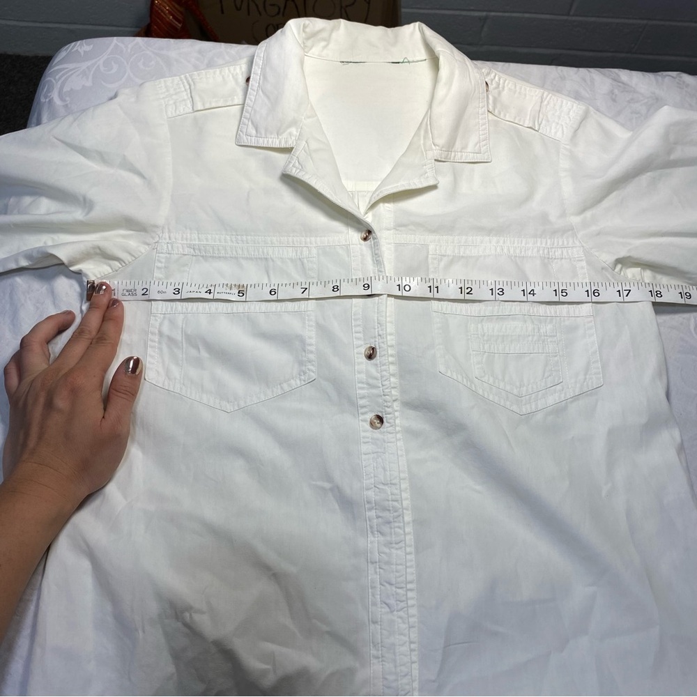 Designer Button Up Casual Cargo Dress Shirt White Short Sleeve No Show Buttons - Picture 6 of 12